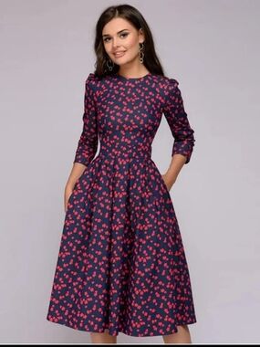 Navy & Red Floral Fit-and-Flare Dress